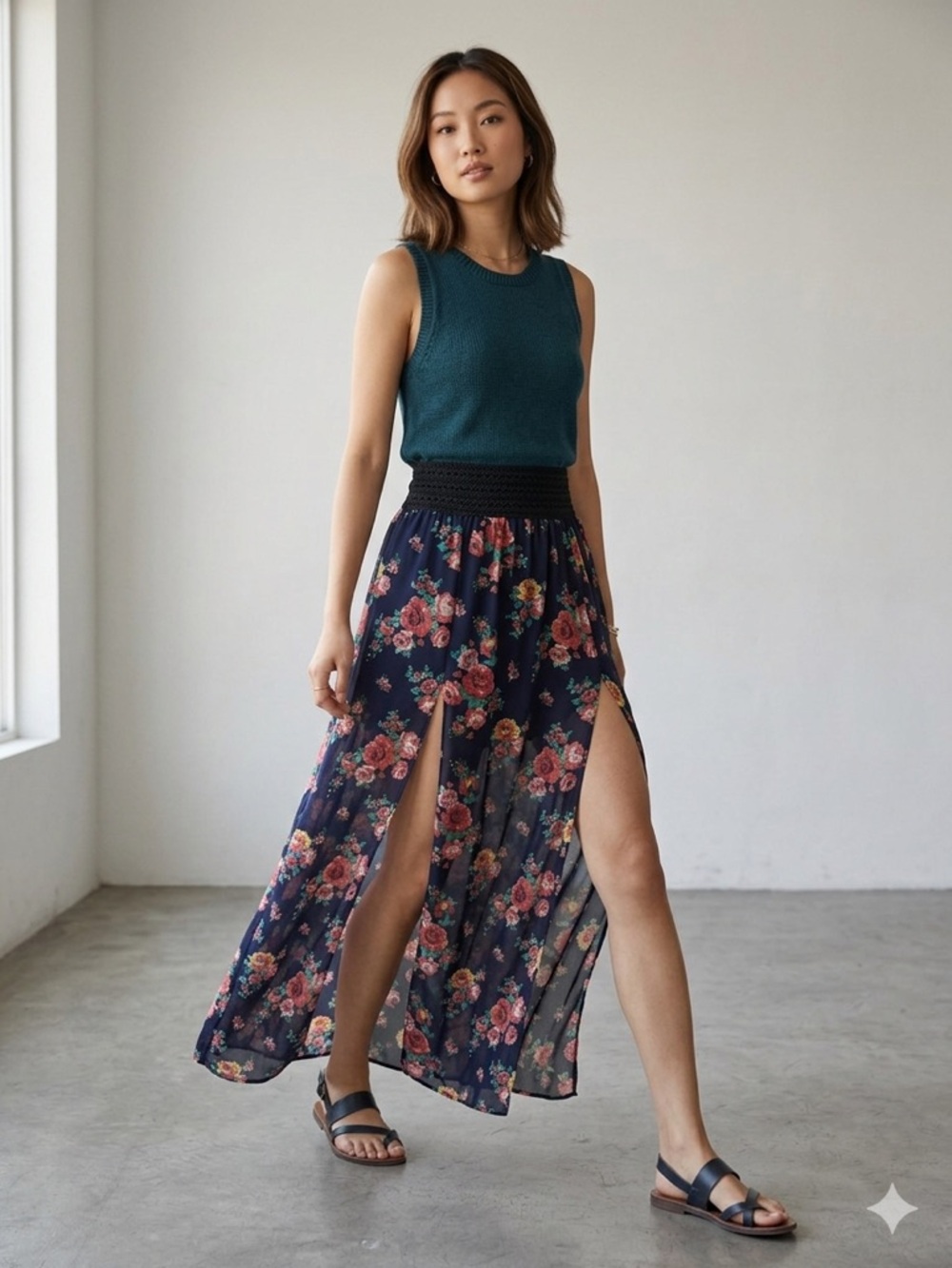 Indi Sleeze Grunge Navy Floral Maxi Skirt with Black Waistband